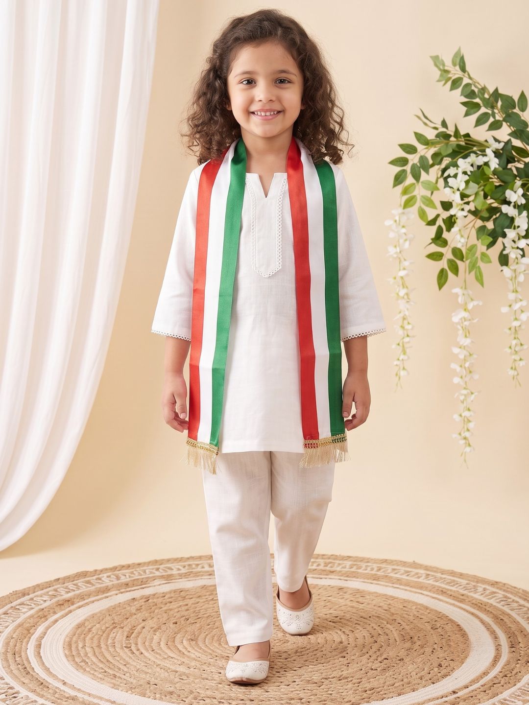 AJ Dezines White Solid Pure Cotton Girls Suit Set with Tiranga Dupatta | Kurti & Pant | Independence Day Special