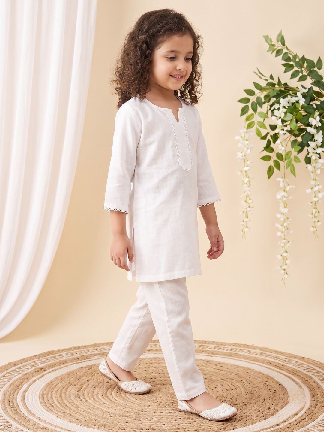 AJ Dezines White Solid Pure Cotton Girls Suit Set with Tiranga Dupatta | Kurti & Pant | Independence Day Special