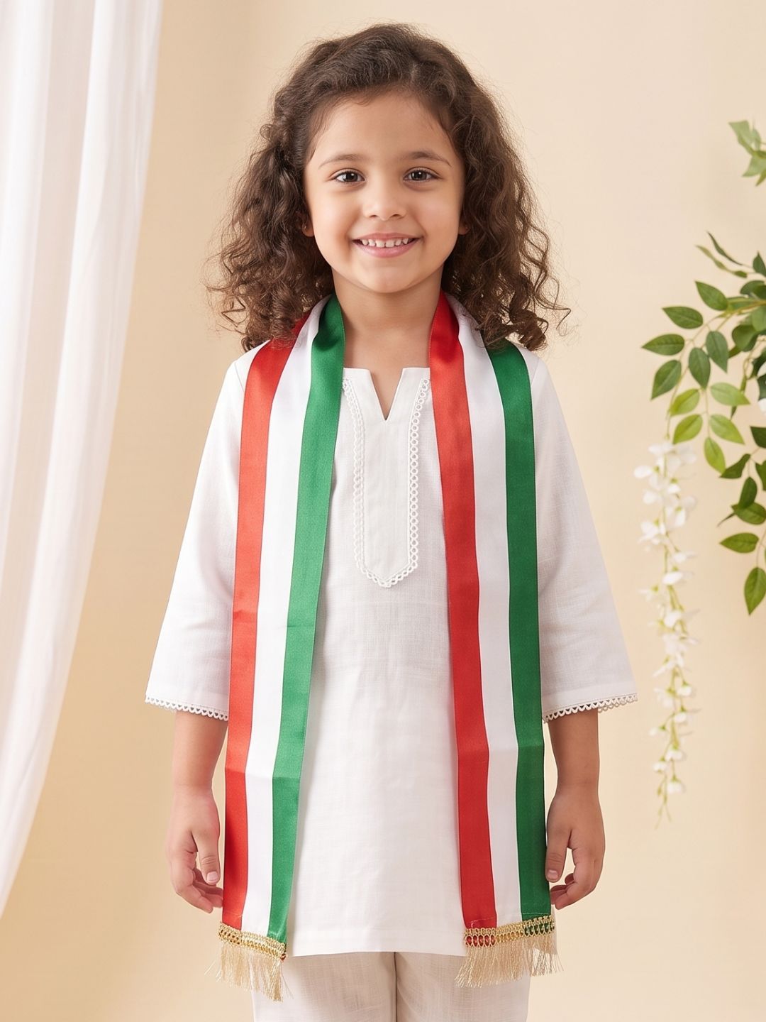 AJ Dezines White Solid Pure Cotton Girls Suit Set with Tiranga Dupatta | Kurti & Pant | Independence Day Special