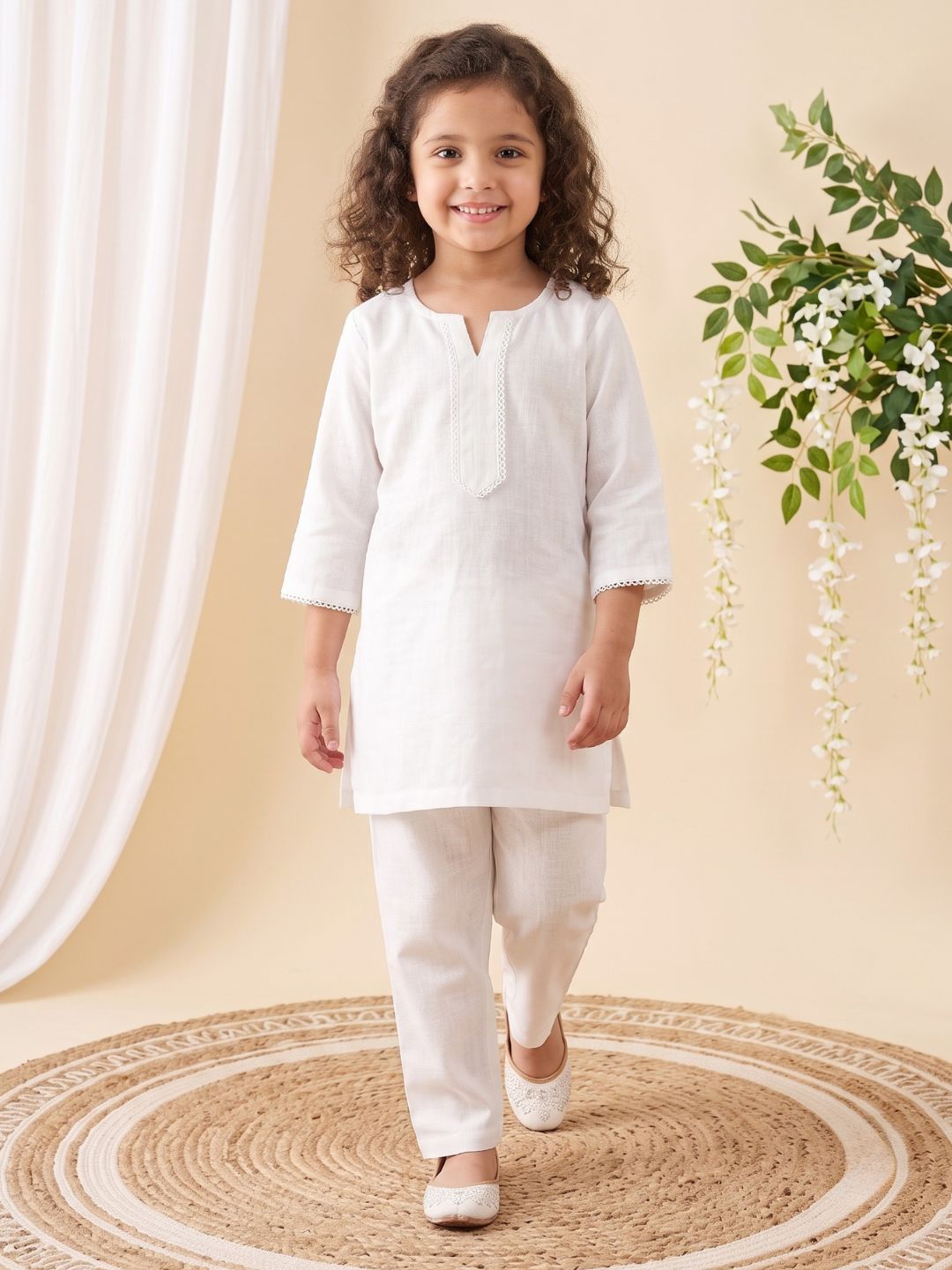AJ Dezines White Solid Pure Cotton Girls Suit Set with Tiranga Dupatta | Kurti & Pant | Independence Day Special