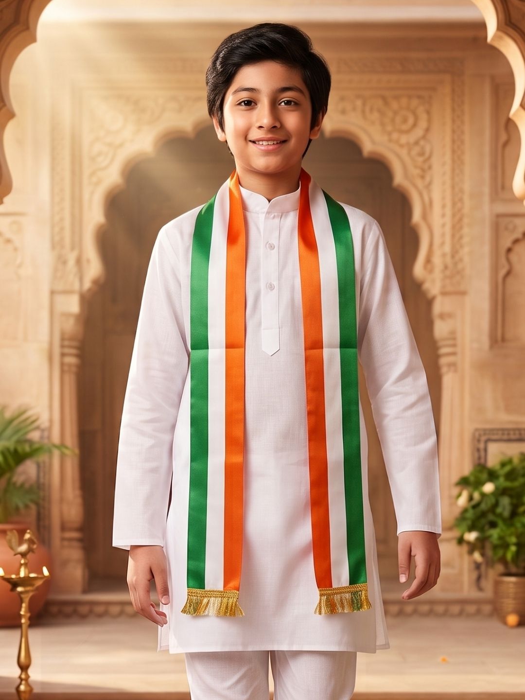 AJ Dezines White Solid Pure Cotton Kurta With Dupatta For Boys