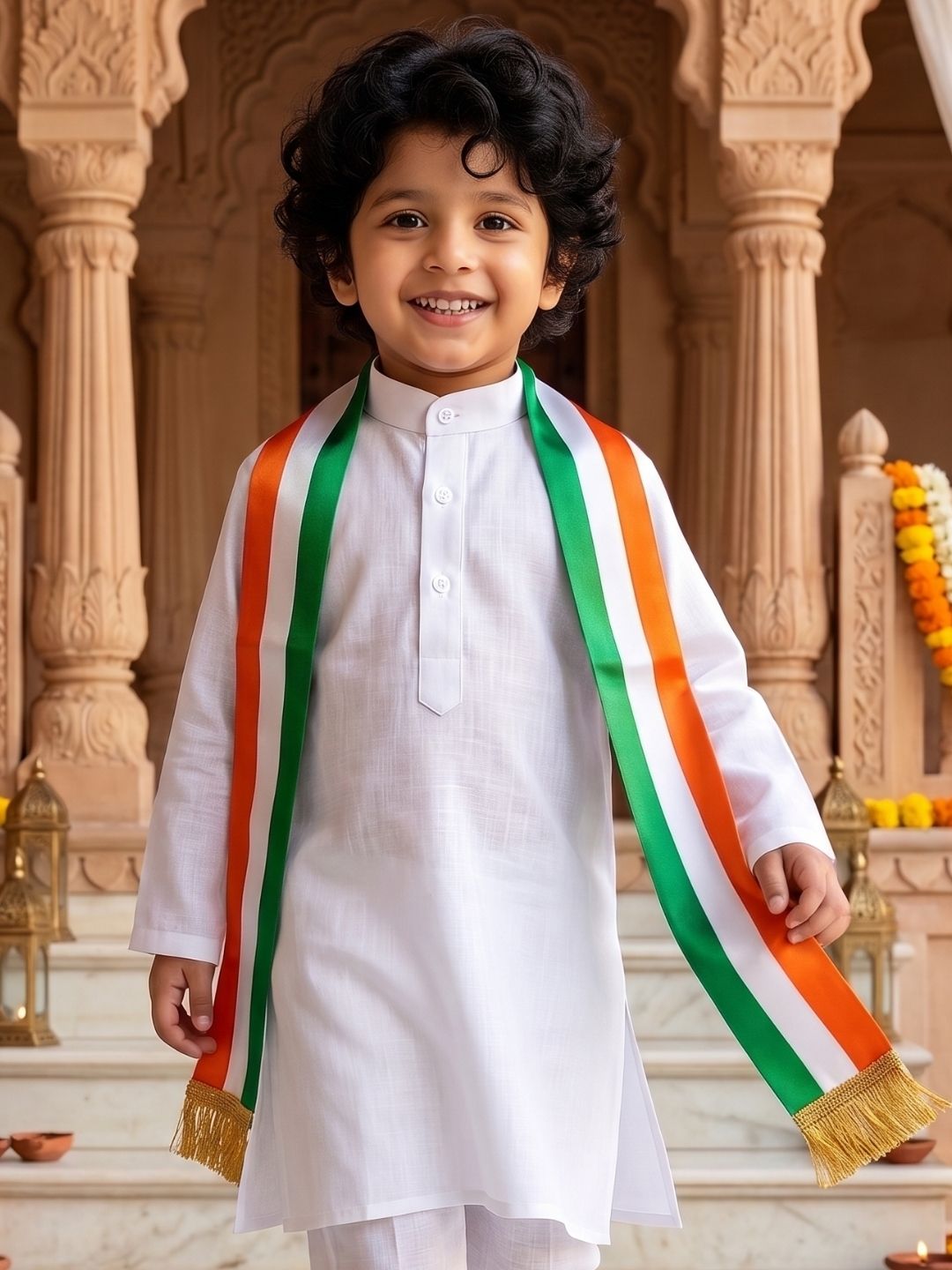 AJ Dezines White Solid Pure Cotton Kurta With Dupatta For Boys