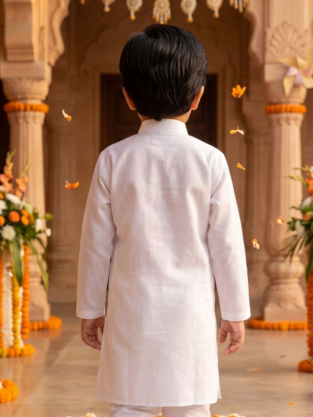 AJ Dezines White Solid Pure Cotton Kurta With Dupatta For Boys