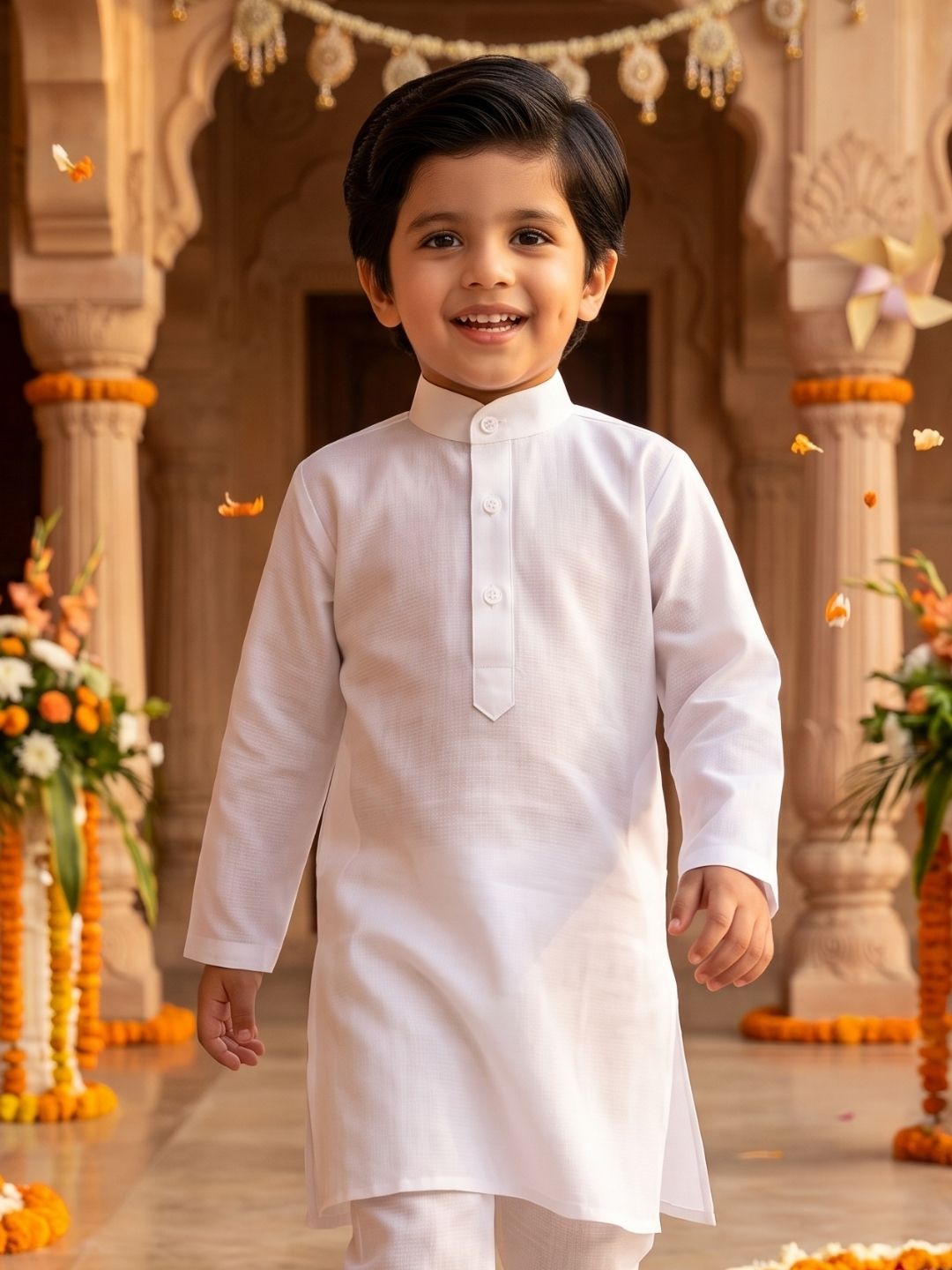 AJ Dezines White Solid Pure Cotton Kurta With Dupatta For Boys
