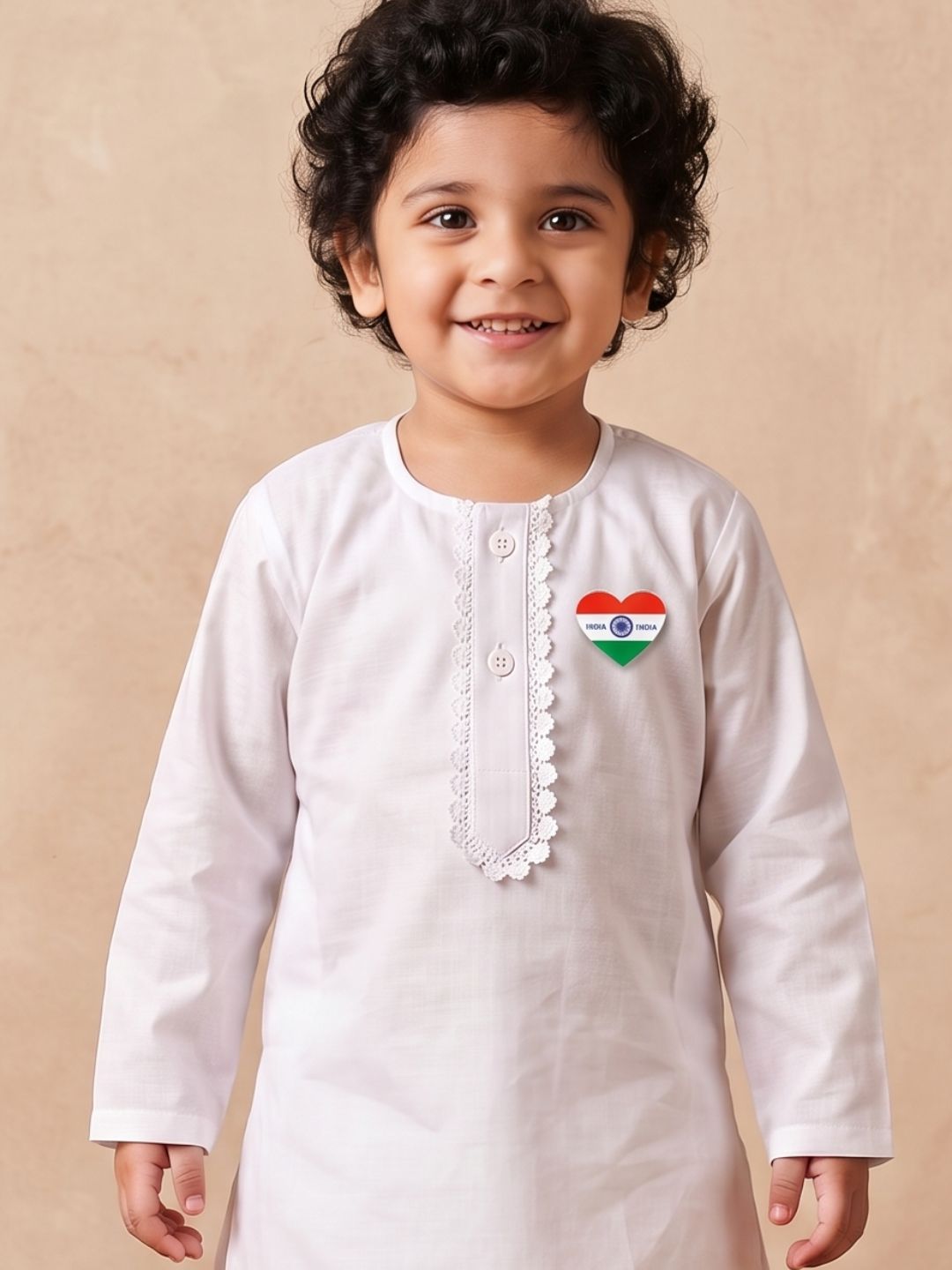 AJ Dezines White Solid Pure Cotton Dhoti Set With Love Shape Tiranga Badge For Boys