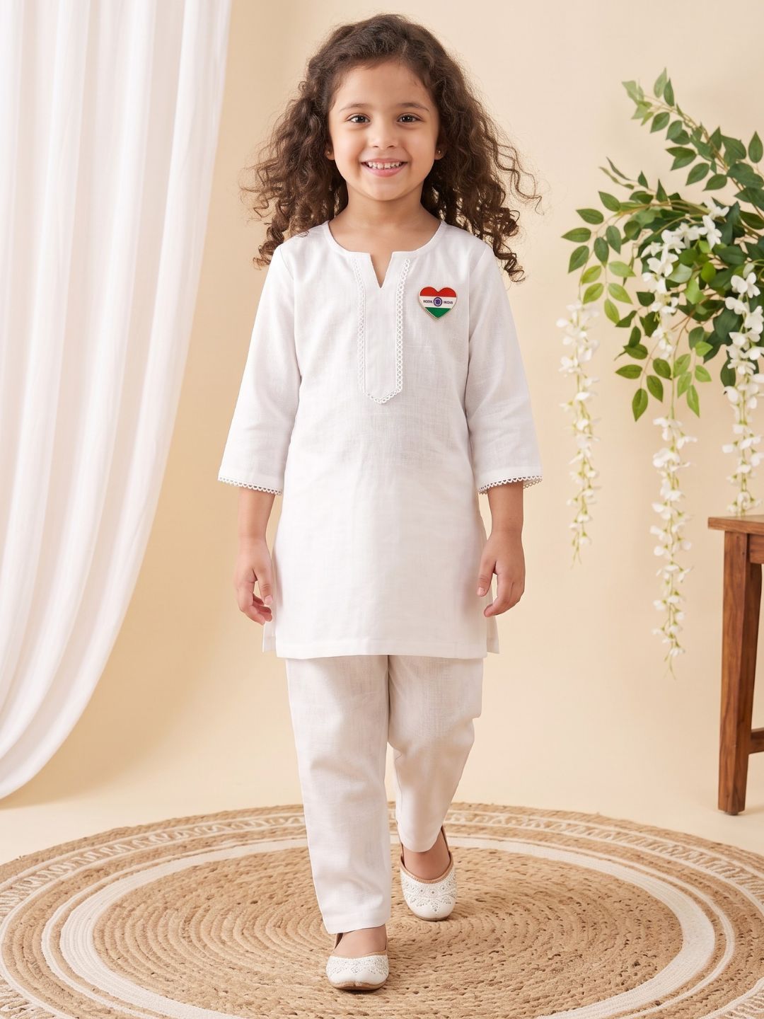 AJ Dezines White Solid Pure Cotton Girls Suit Set with Love Shape Tiranga Badge | Kurti & Pant | Independence Day Special