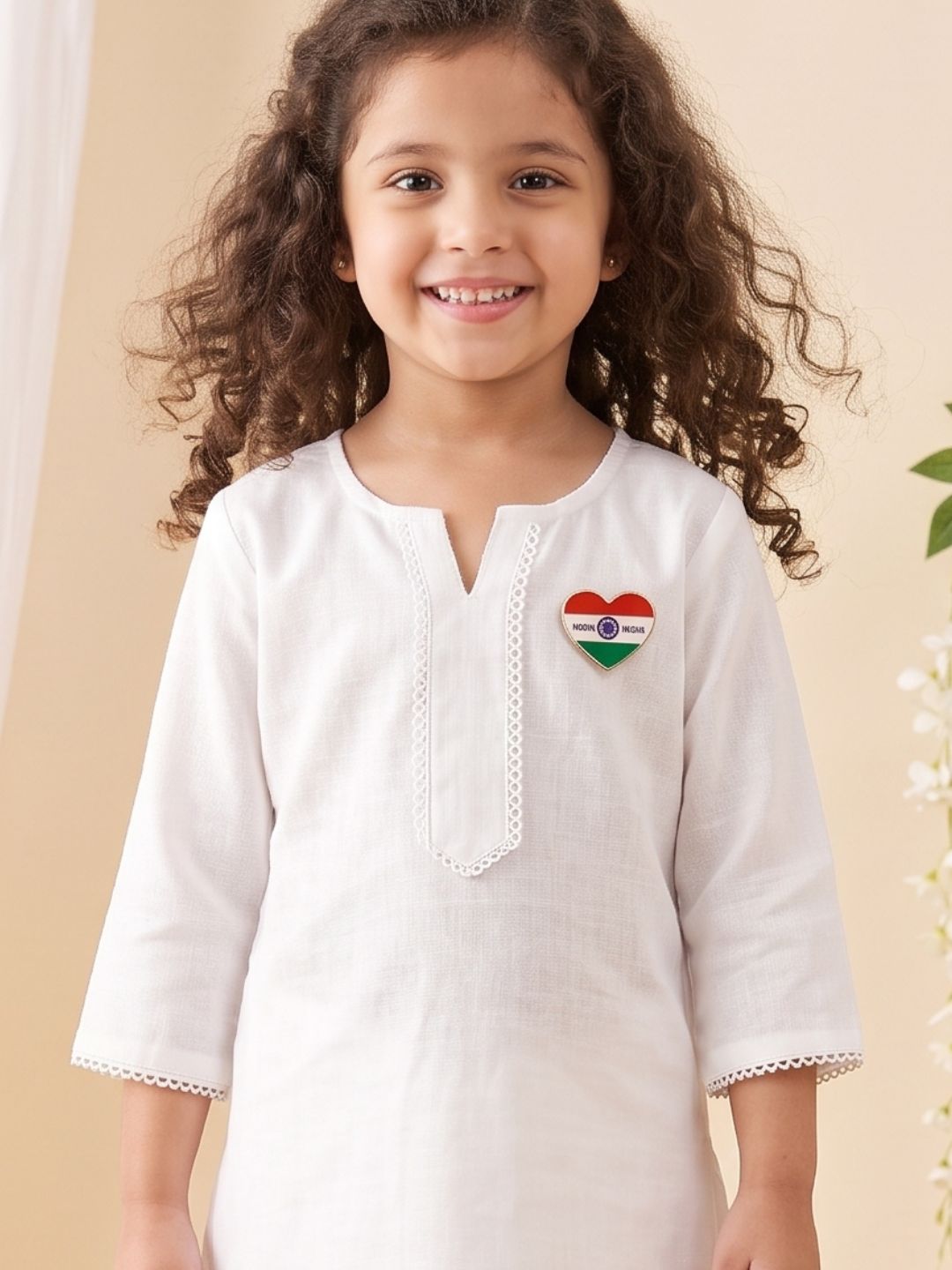 AJ Dezines White Solid Pure Cotton Girls Suit Set with Love Shape Tiranga Badge | Kurti & Pant | Independence Day Special