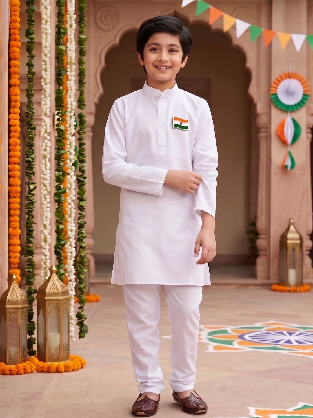 AJ Dezines White Solid Pure Cotton Kurta Pyjama Set With Tiranga Brooch For Boys