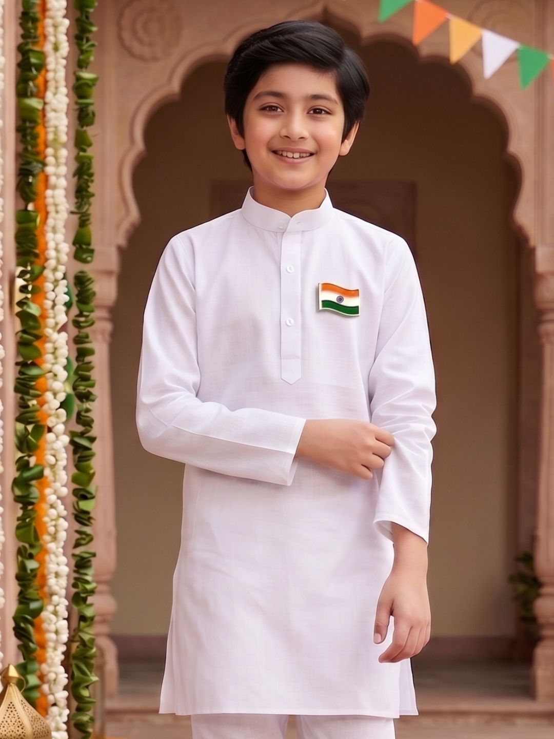 AJ Dezines White Solid Pure Cotton Kurta With Tiranga Brooch For Boys