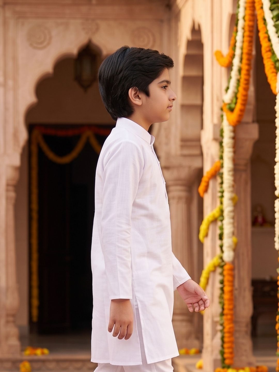 AJ Dezines White Solid Pure Cotton Kurta With Tiranga Brooch For Boys