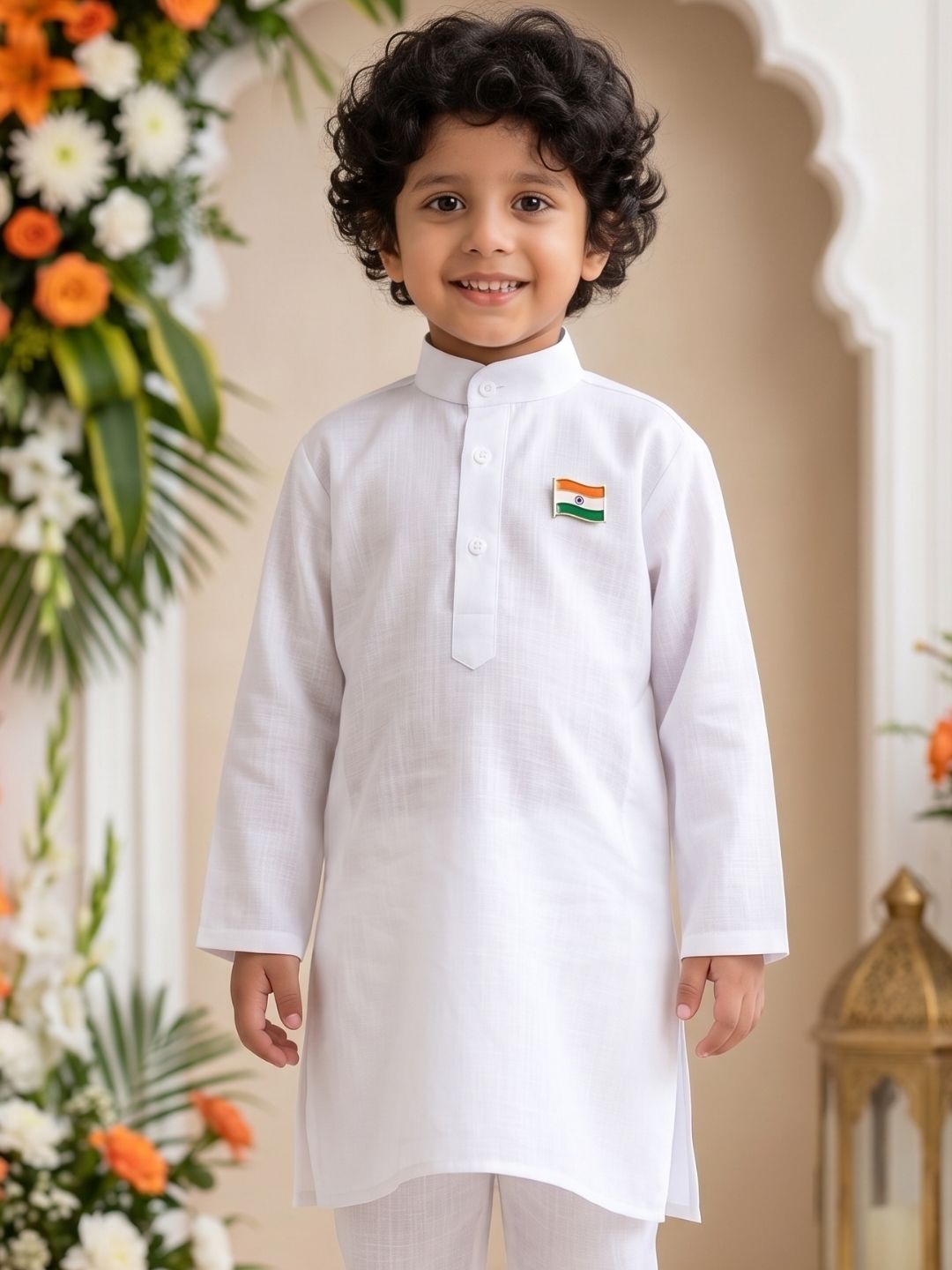 AJ Dezines White Solid Pure Cotton Kurta With Tiranga Brooch For Boys