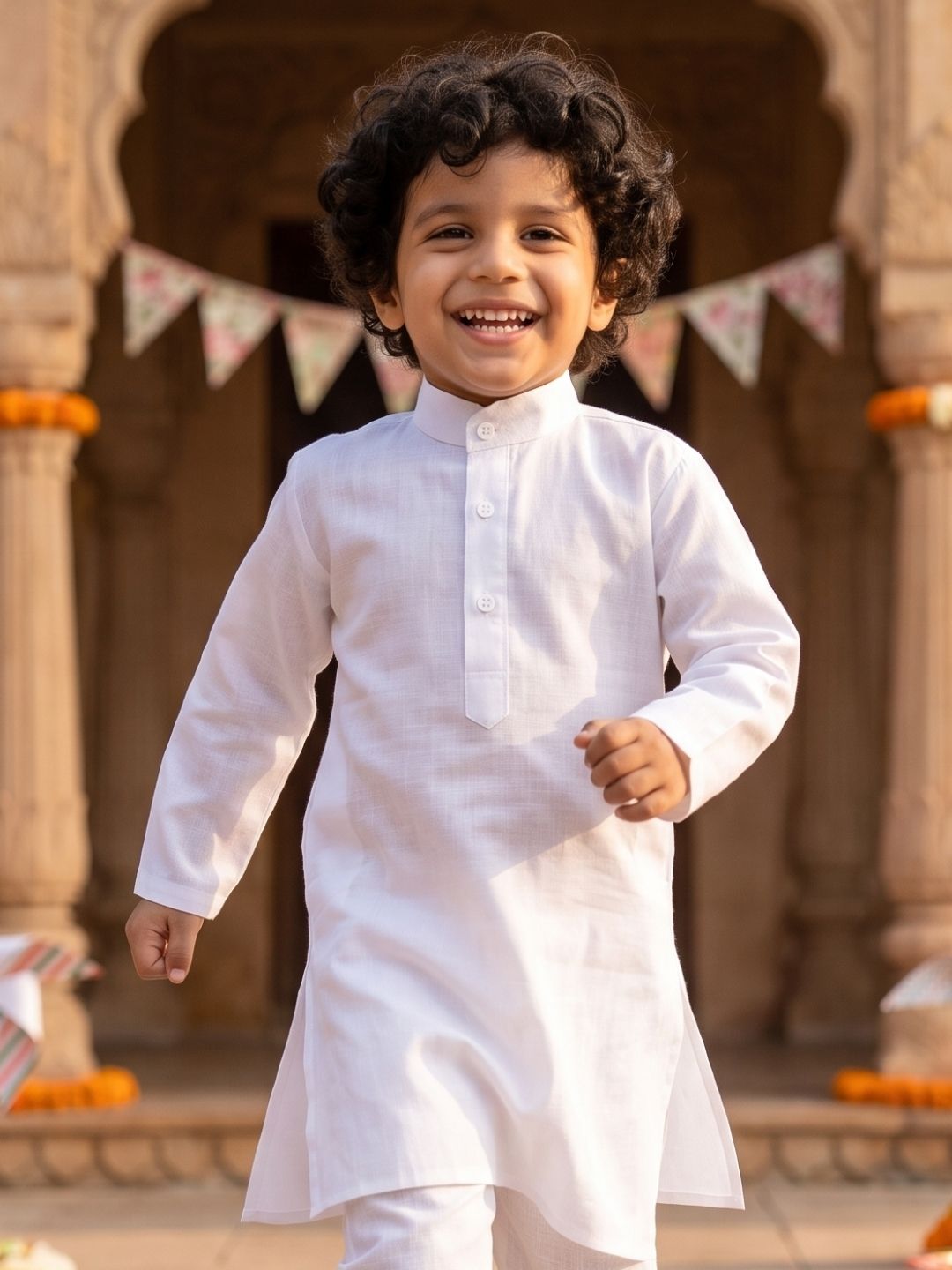AJ Dezines White Solid Pure Cotton Kurta With Tiranga Brooch For Boys