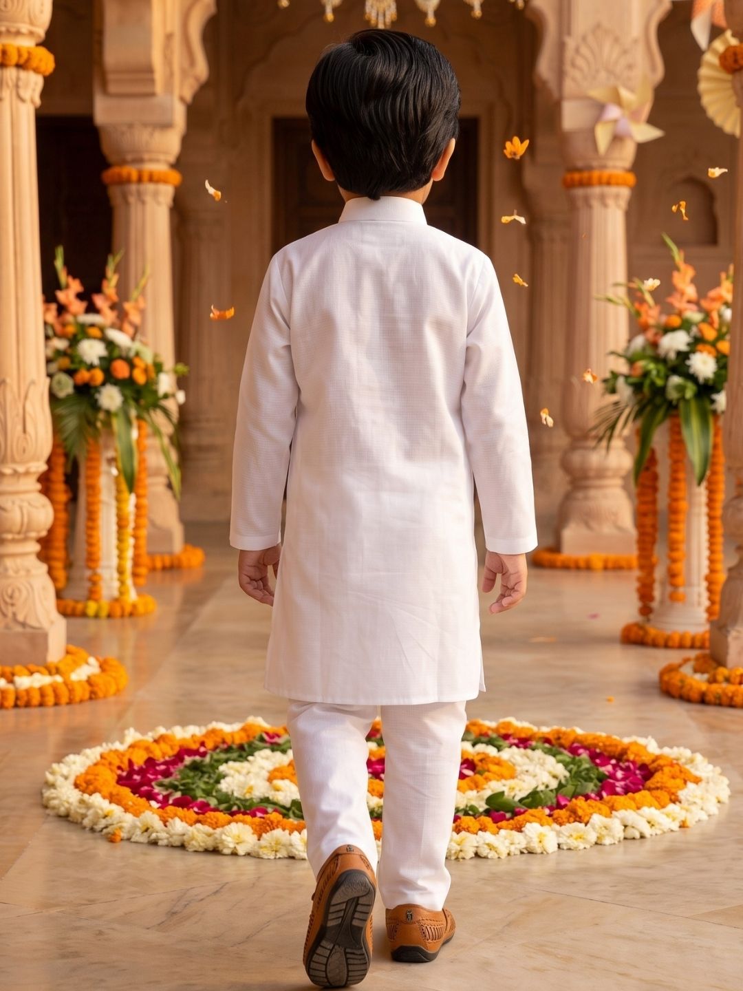 AJ Dezines White Solid Pure Cotton Kurta Pyjama Set With Tiranga Brooch For Boys