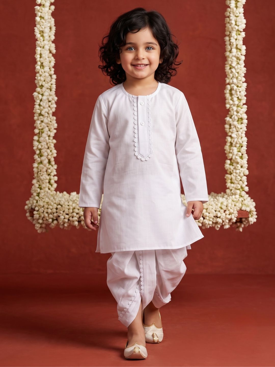 AJ Dezines White Solid Pure Cotton Boys Dhoti Set For Janmashtami Special