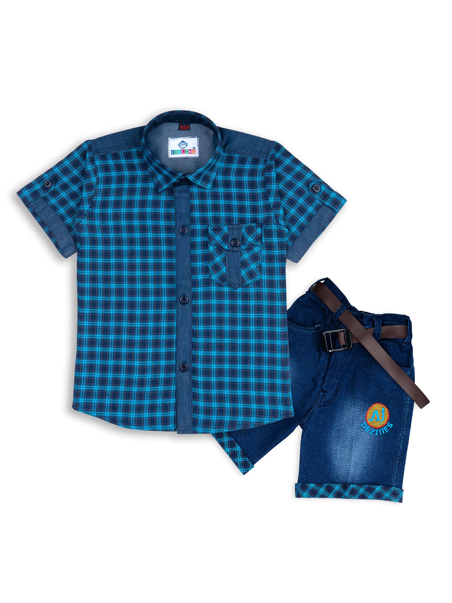 Kids Boys Turquoise Blue Checkered Cotton Blend Top & Bottom Set