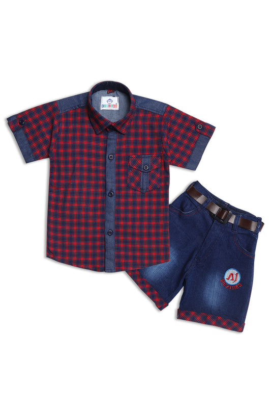 Kids Boys Red Checkered Cotton Blend Top & Bottom Set