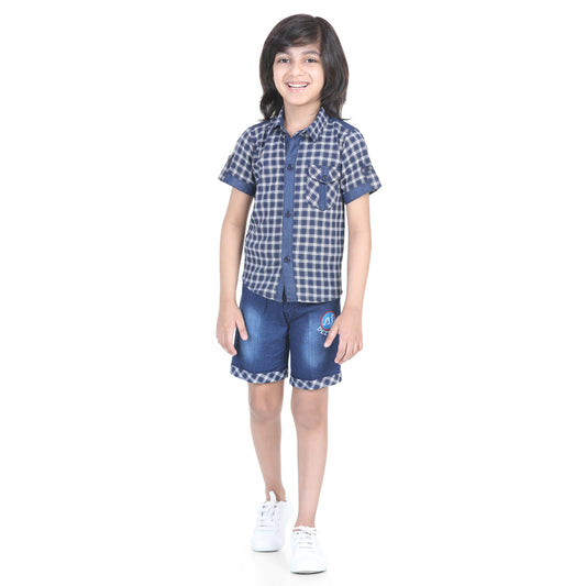 White Kids Half Sleeve Checkered Shirt & Shorts Set