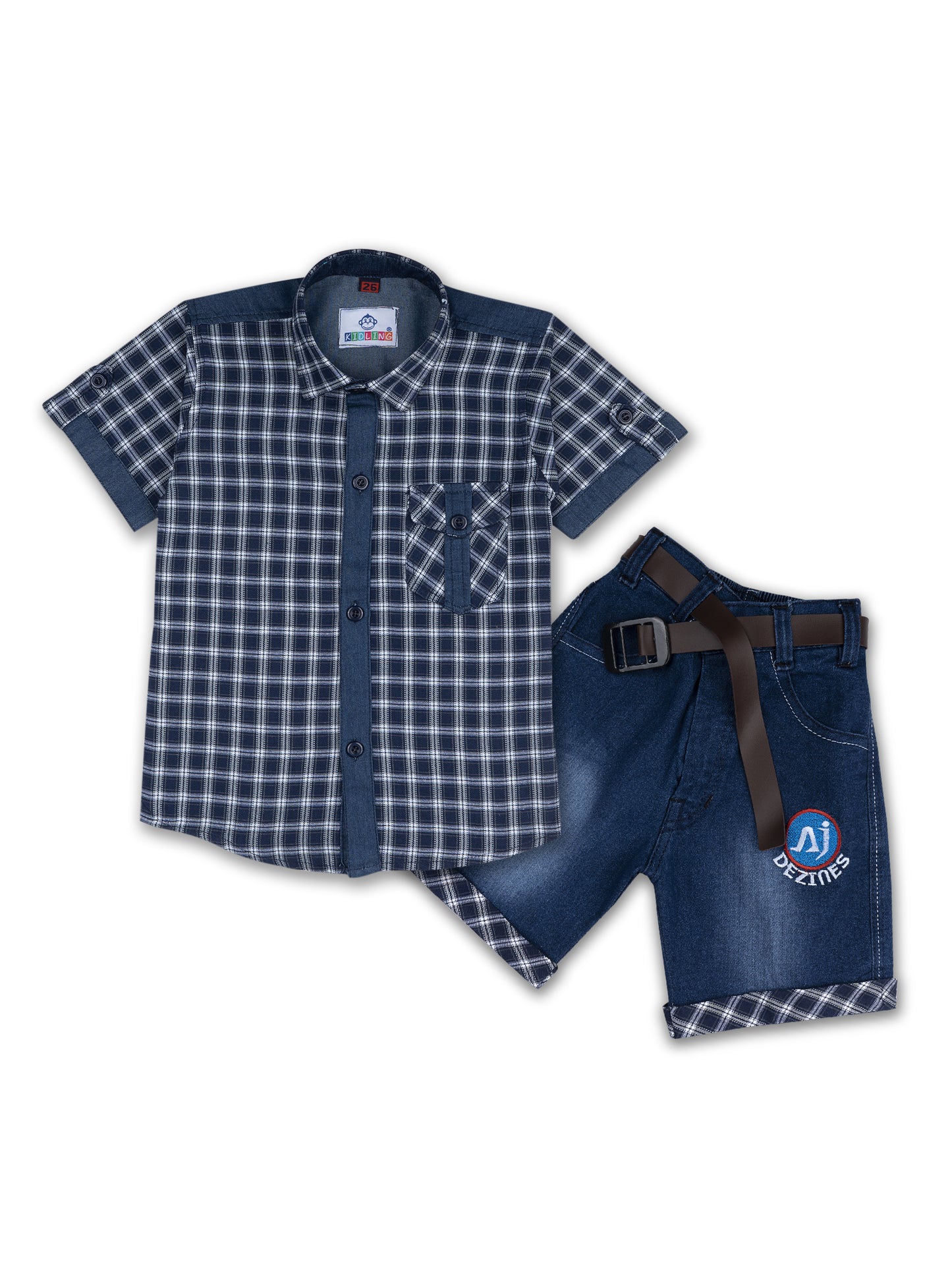 Kids Boys White Checkered Cotton Blend Top & Bottom Set