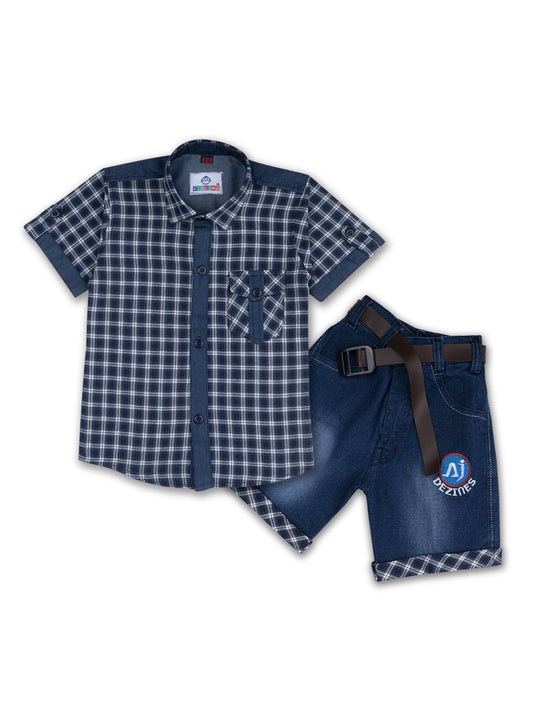 White Kids Half Sleeve Checkered Shirt & Shorts Set