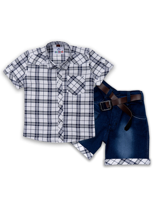 Kids Boys White Checkered Cotton Blend Top & Bottom Set