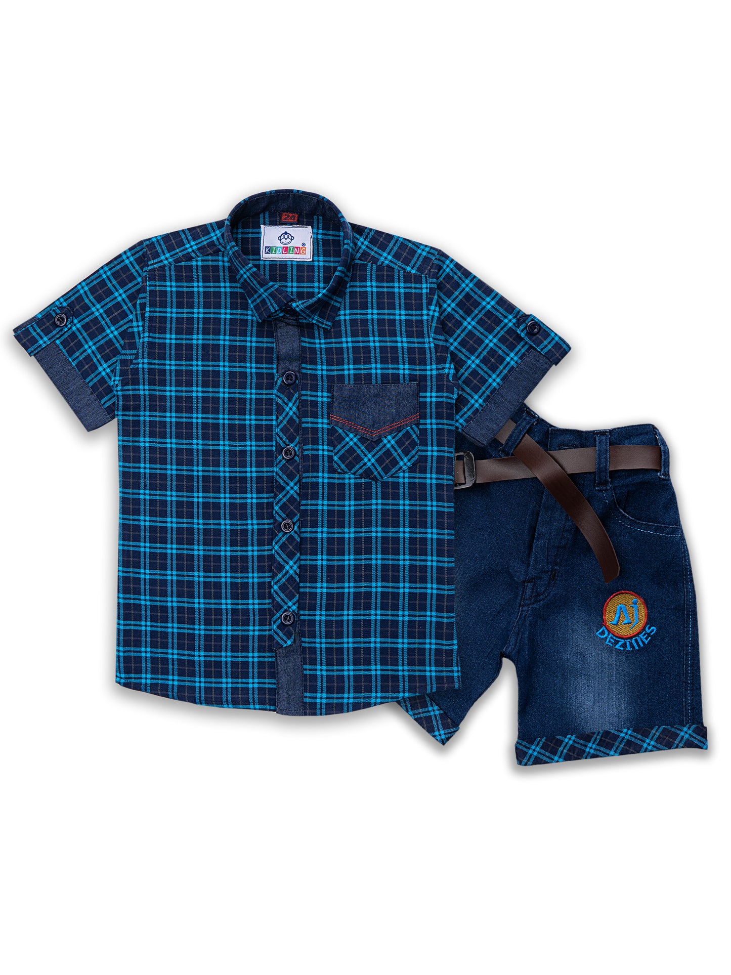 Kids Boys Turquoise Blue Checkered Cotton Blend Top & Bottom Set