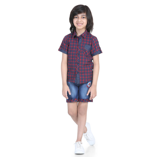 Red Kids Half Sleeve Checkered Shirt & Shorts Set