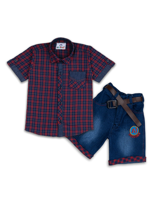 Kids Boys Red Checkered Cotton Blend Top & Bottom Set