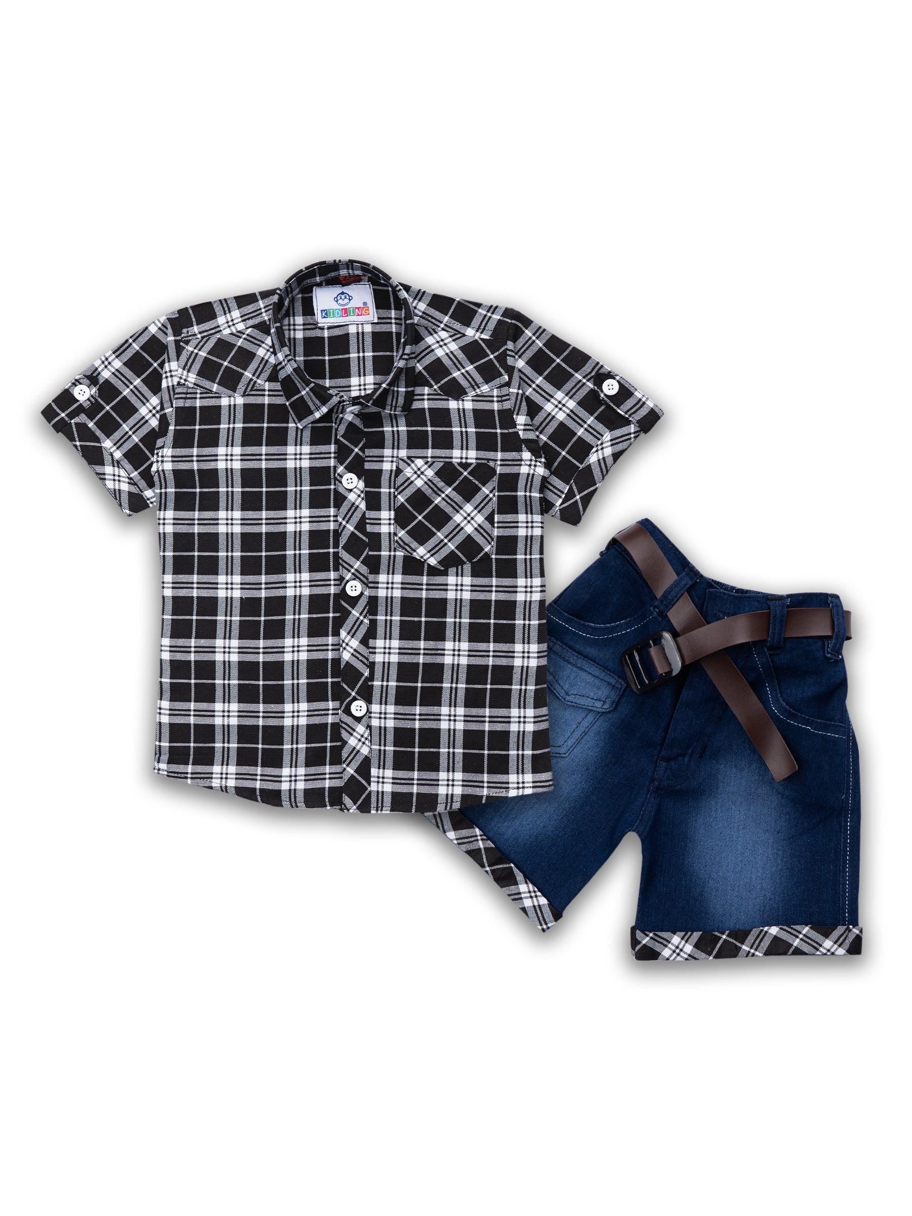 Kids Boys Black Checkered Cotton Blend Top & Bottom Set