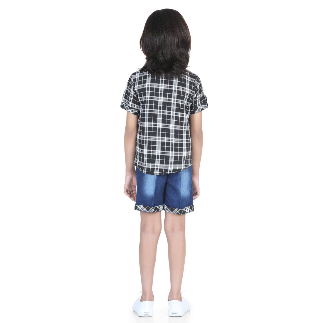 Black Kids Half Sleeve Checkered Shirt & Shorts Set