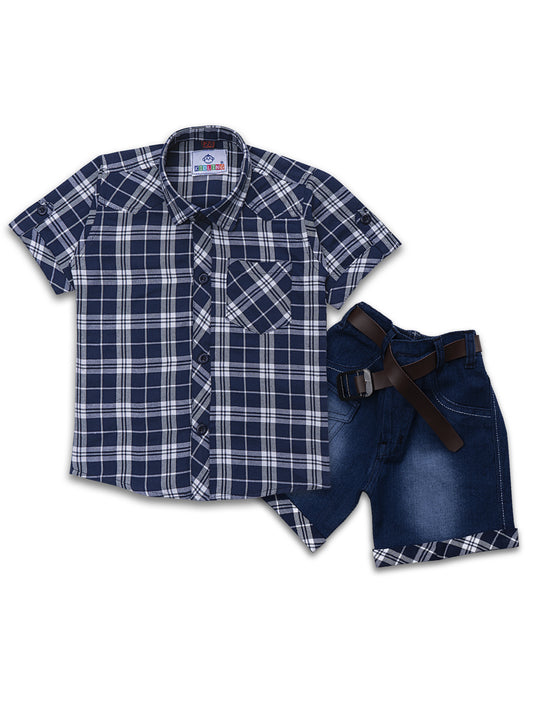 Kids Boys Blue Checkered Cotton Blend Top & Bottom Set