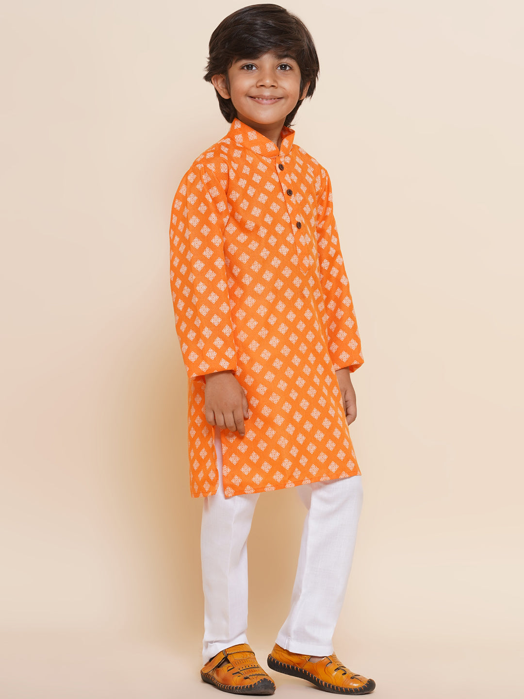 Kids Boys Orange Printed Cotton Kurta Pyjama Set