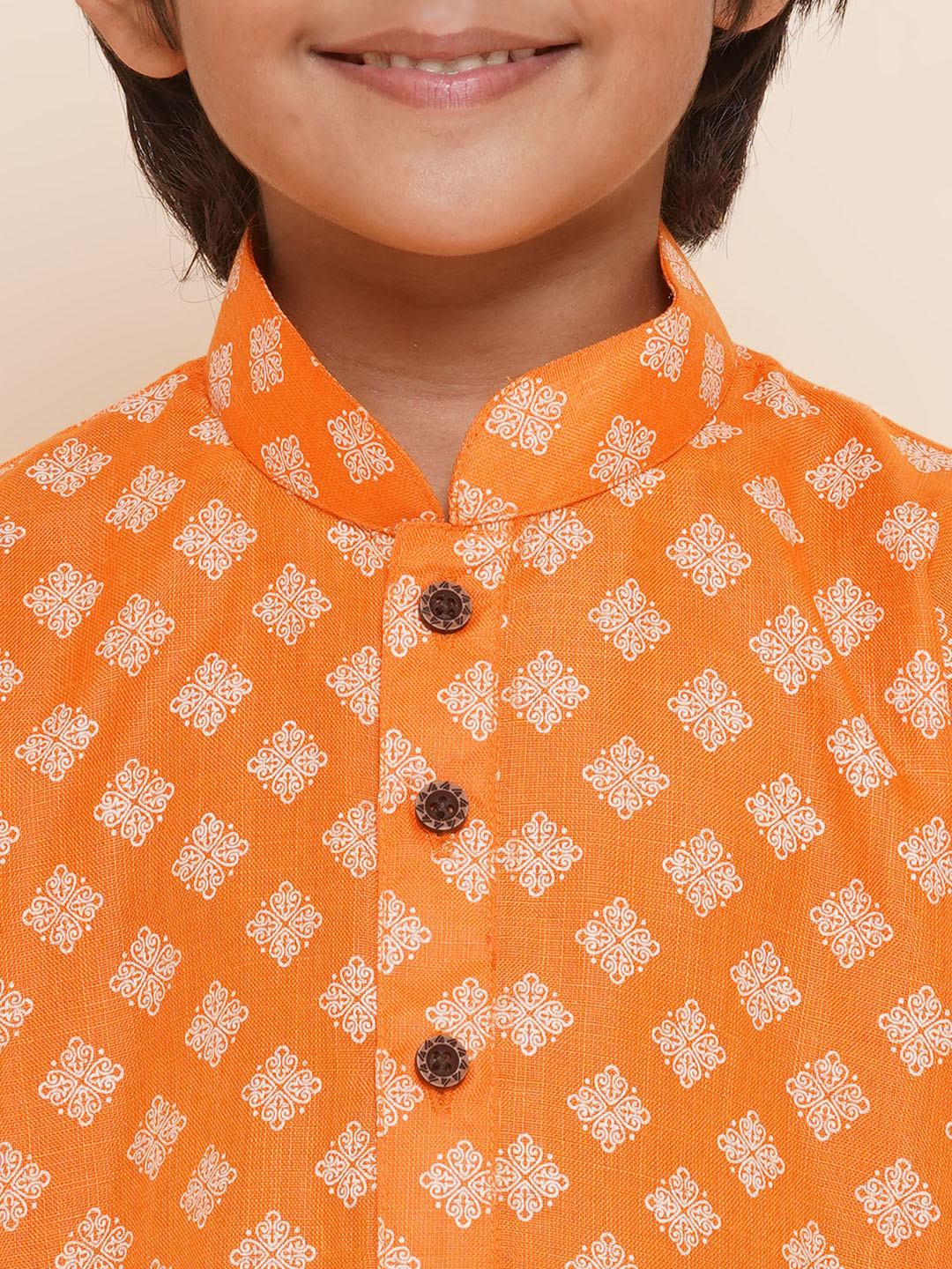 Kids Boys Orange Printed Cotton Kurta Pyjama Set