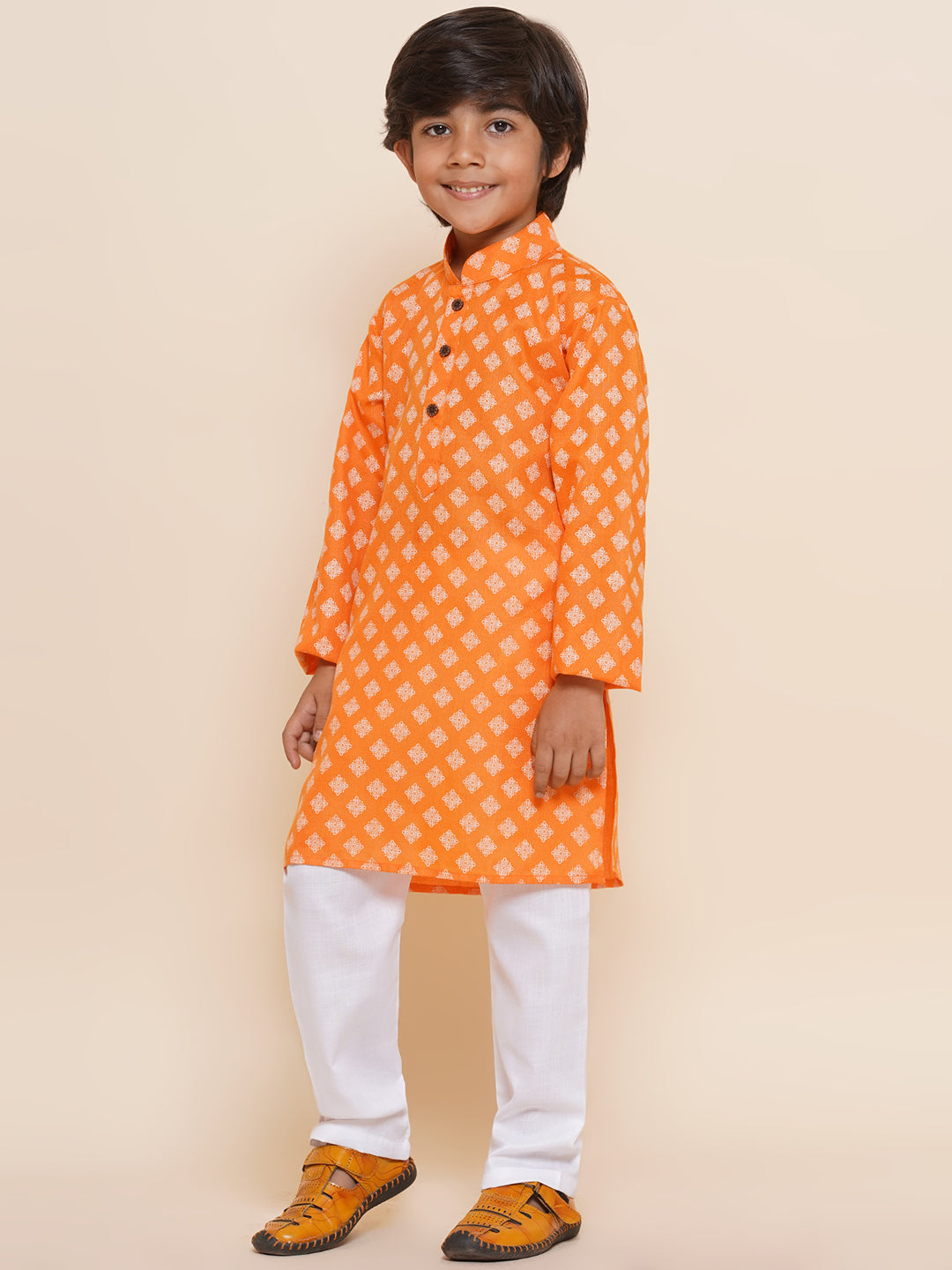 Kids Boys Orange Printed Cotton Kurta Pyjama Set