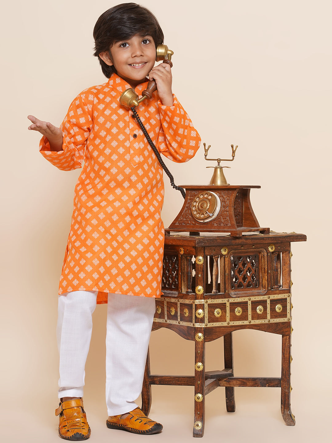 Kids Boys Orange Printed Cotton Kurta Pyjama Set