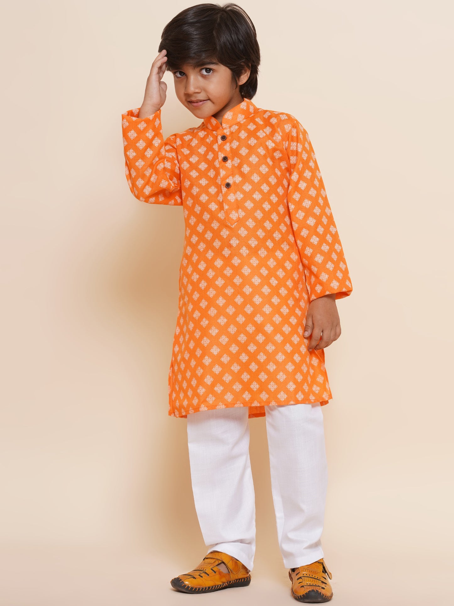 Kids Boys Orange Printed Cotton Kurta Pyjama Set