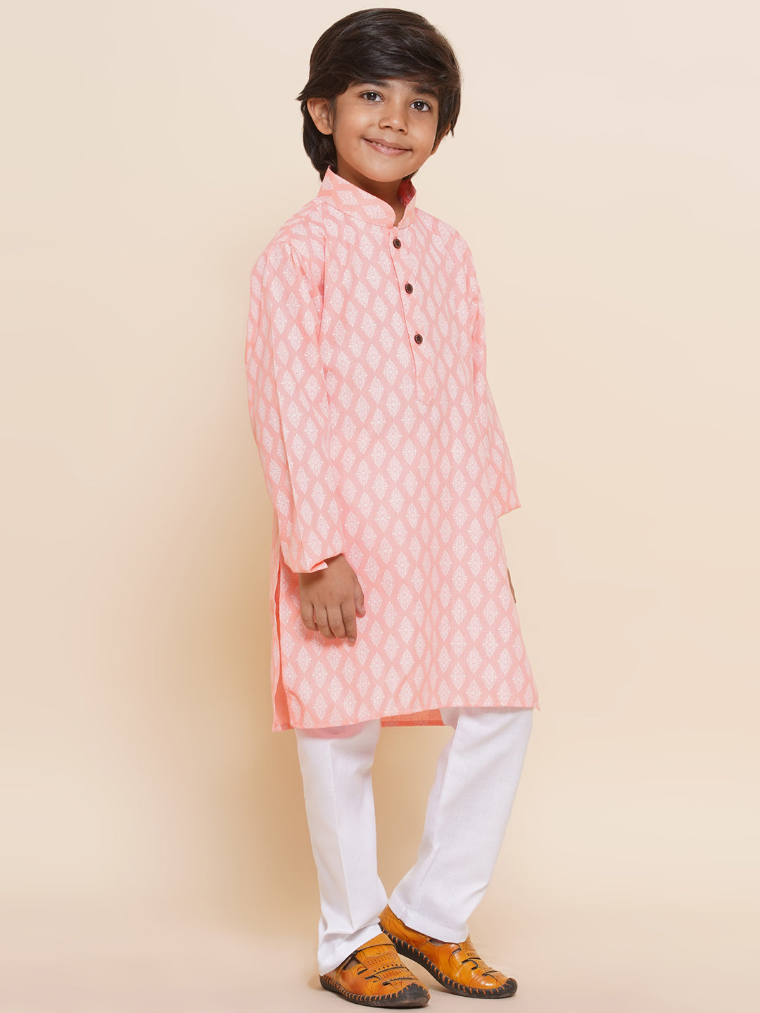 Kids Boys Pink Printed Cotton Kurta Pyjama Set - AJ Dezines