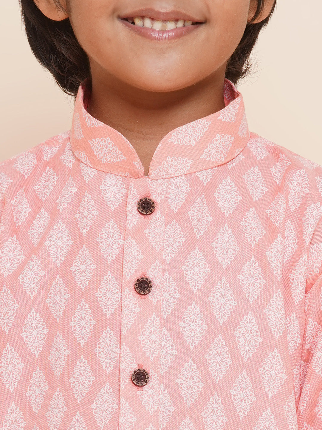 Kids Boys Pink Printed Cotton Kurta Pyjama Set