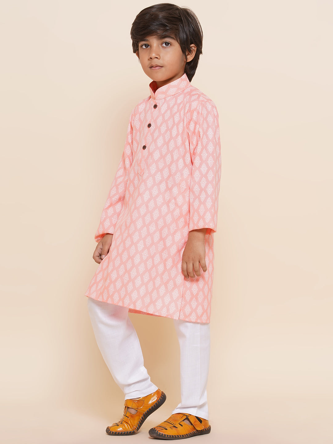 Kids Boys Pink Printed Cotton Kurta Pyjama Set - AJ Dezines