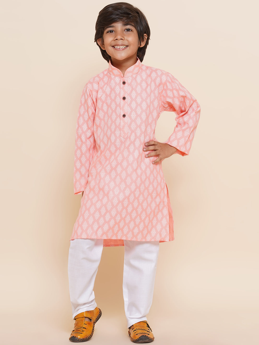 Kids Boys Pink Printed Cotton Kurta Pyjama Set