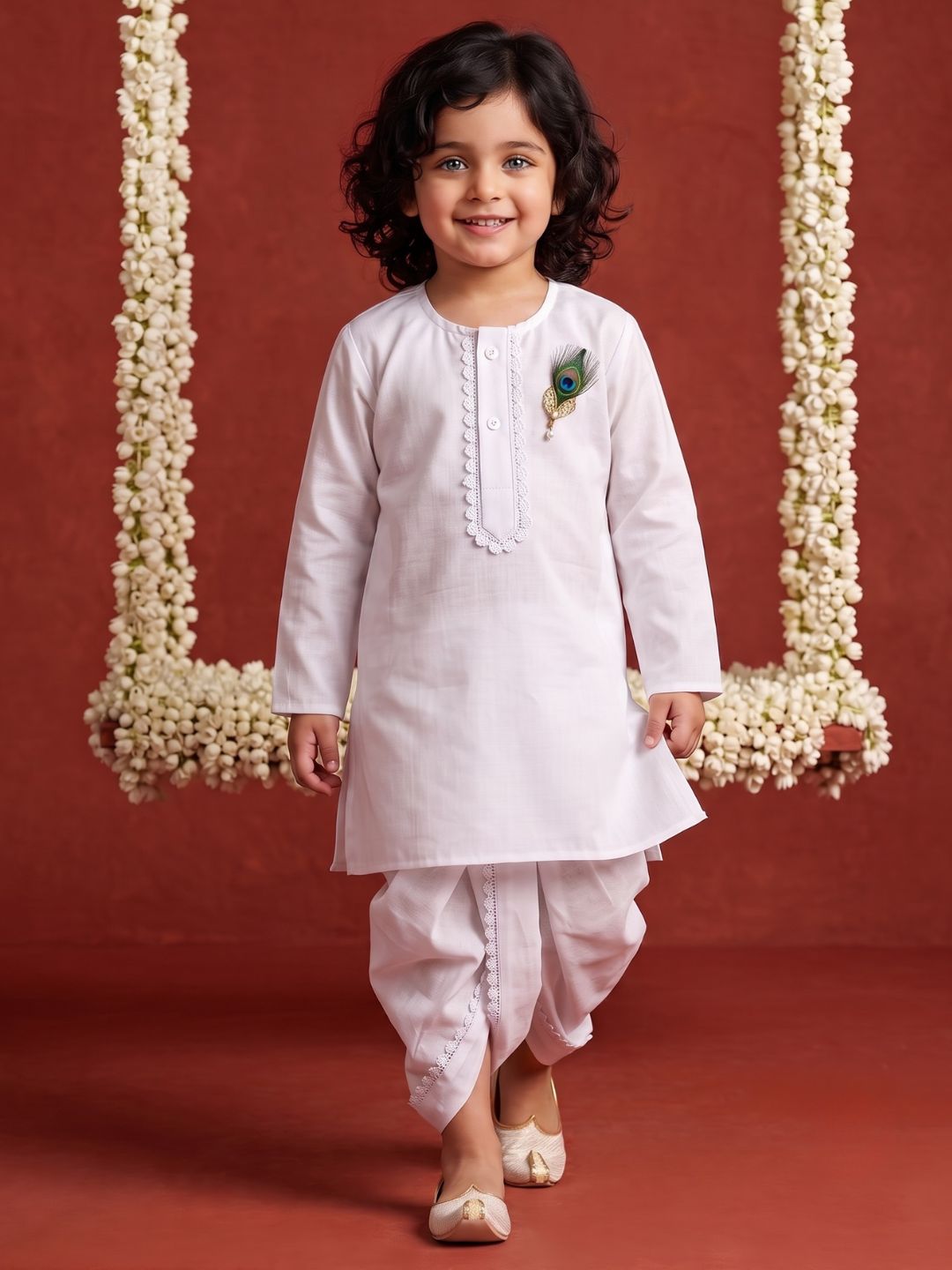 AJ Dezines White Solid Pure Cotton Boys Dhoti Set With Mor Pankh For Janmashtami