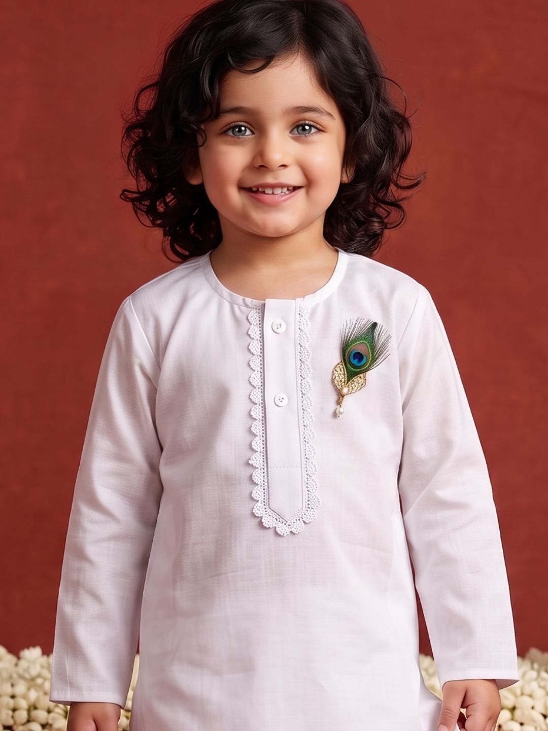 AJ Dezines White Solid Pure Cotton Boys Dhoti Set With Mor Pankh For Janmashtami