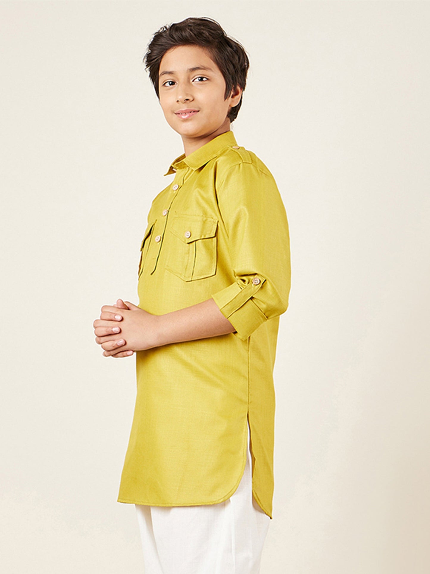 Kids Boys Green Solid Cotton Kurta