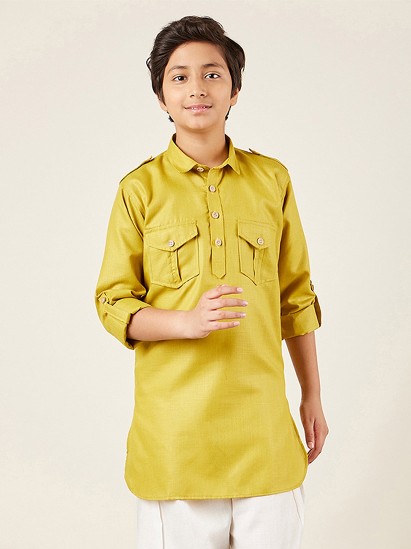 Kids Boys Green Solid Cotton Kurta