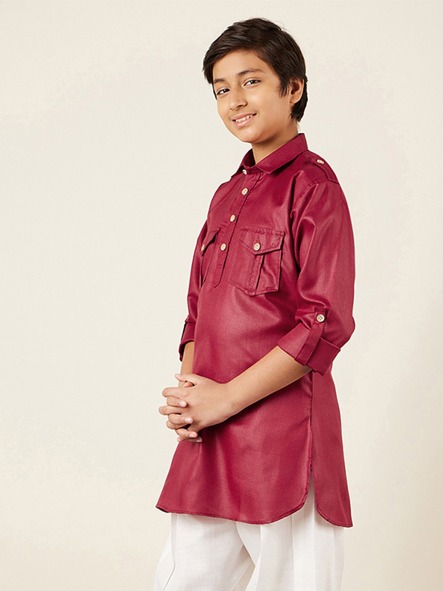 Kids Boys Maroon Solid Cotton Kurta