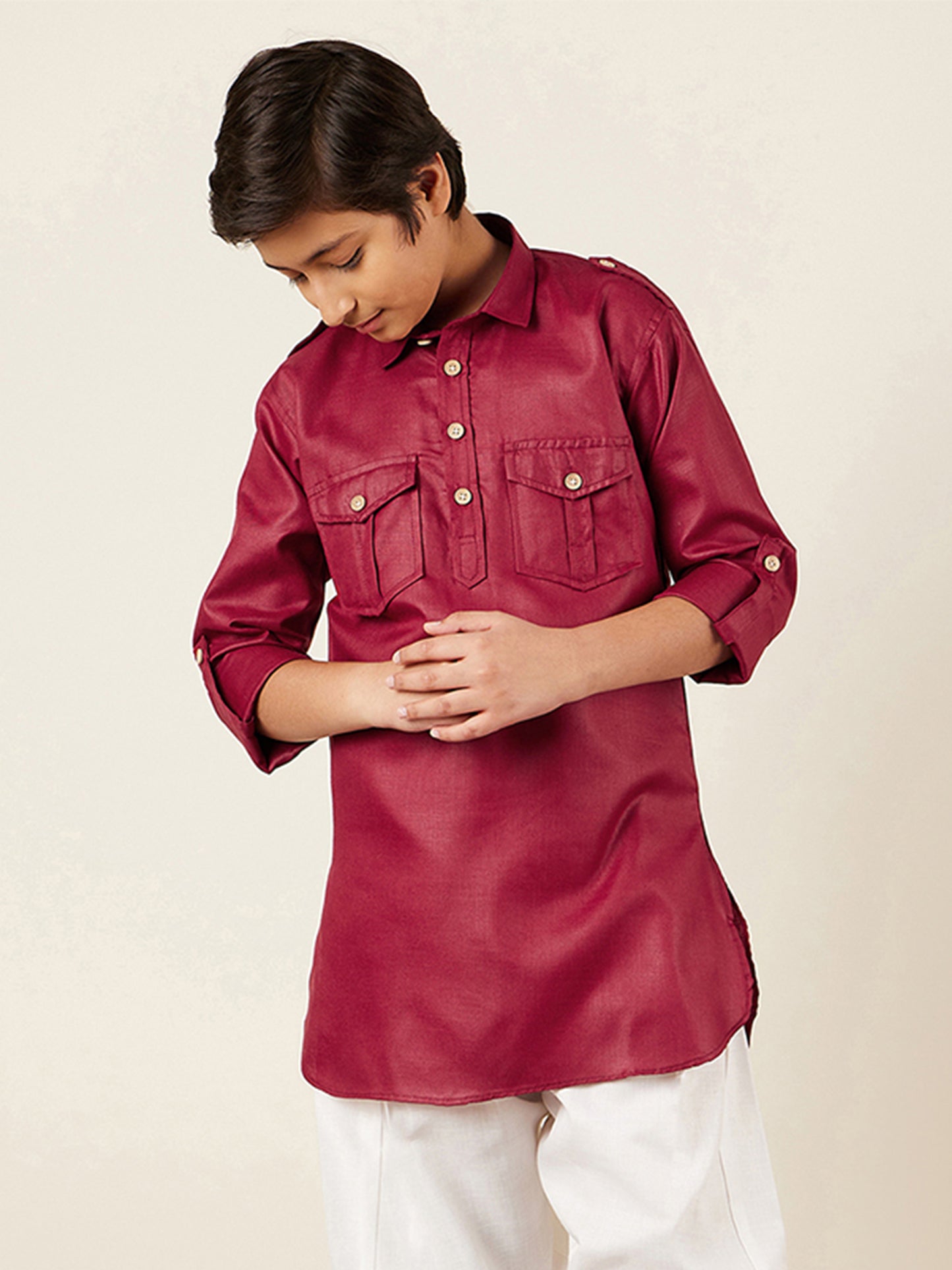 Kids Boys Maroon Solid Cotton Kurta