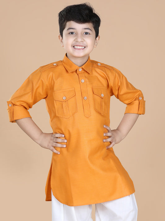 Kids Boys Orange Solid Cotton Kurta