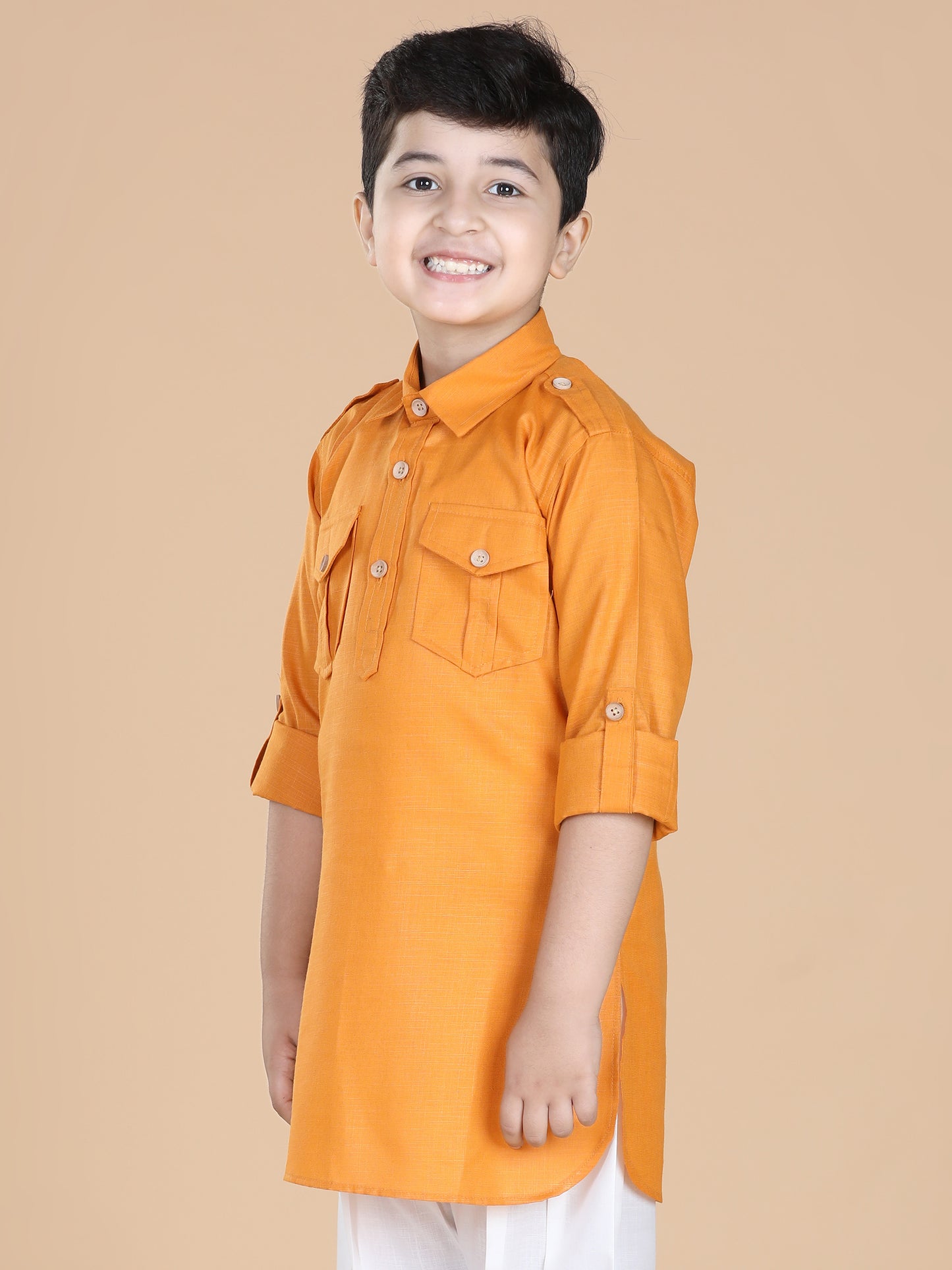 Kids Boys Orange Solid Cotton Kurta