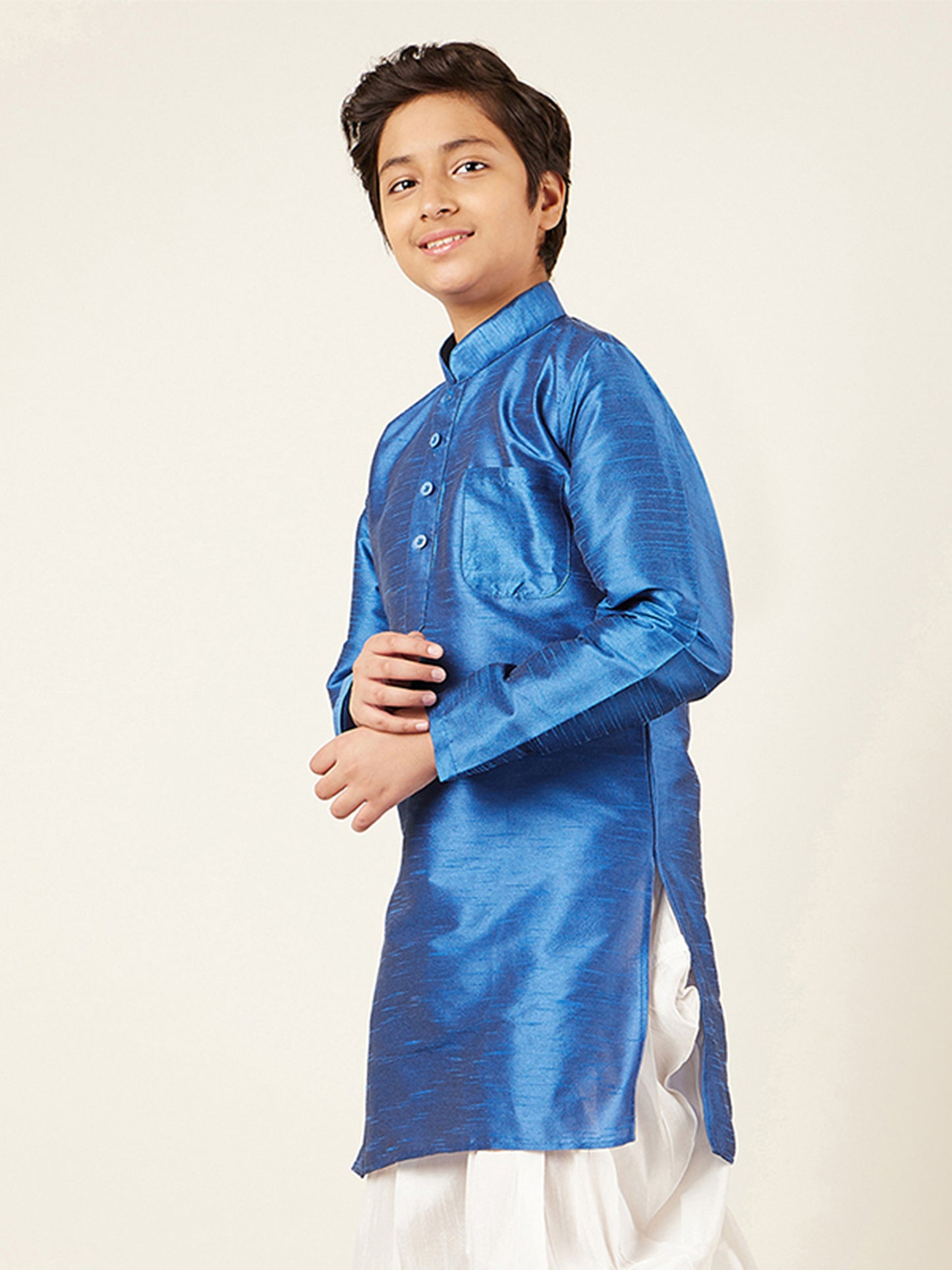 Kids Boys Blue Solid Silk Blend Kurta