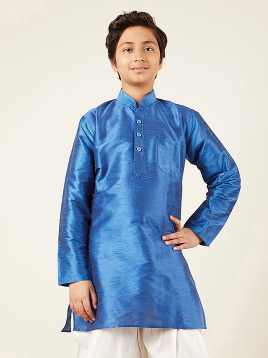 Kids Boys Blue Solid Silk Blend Kurta