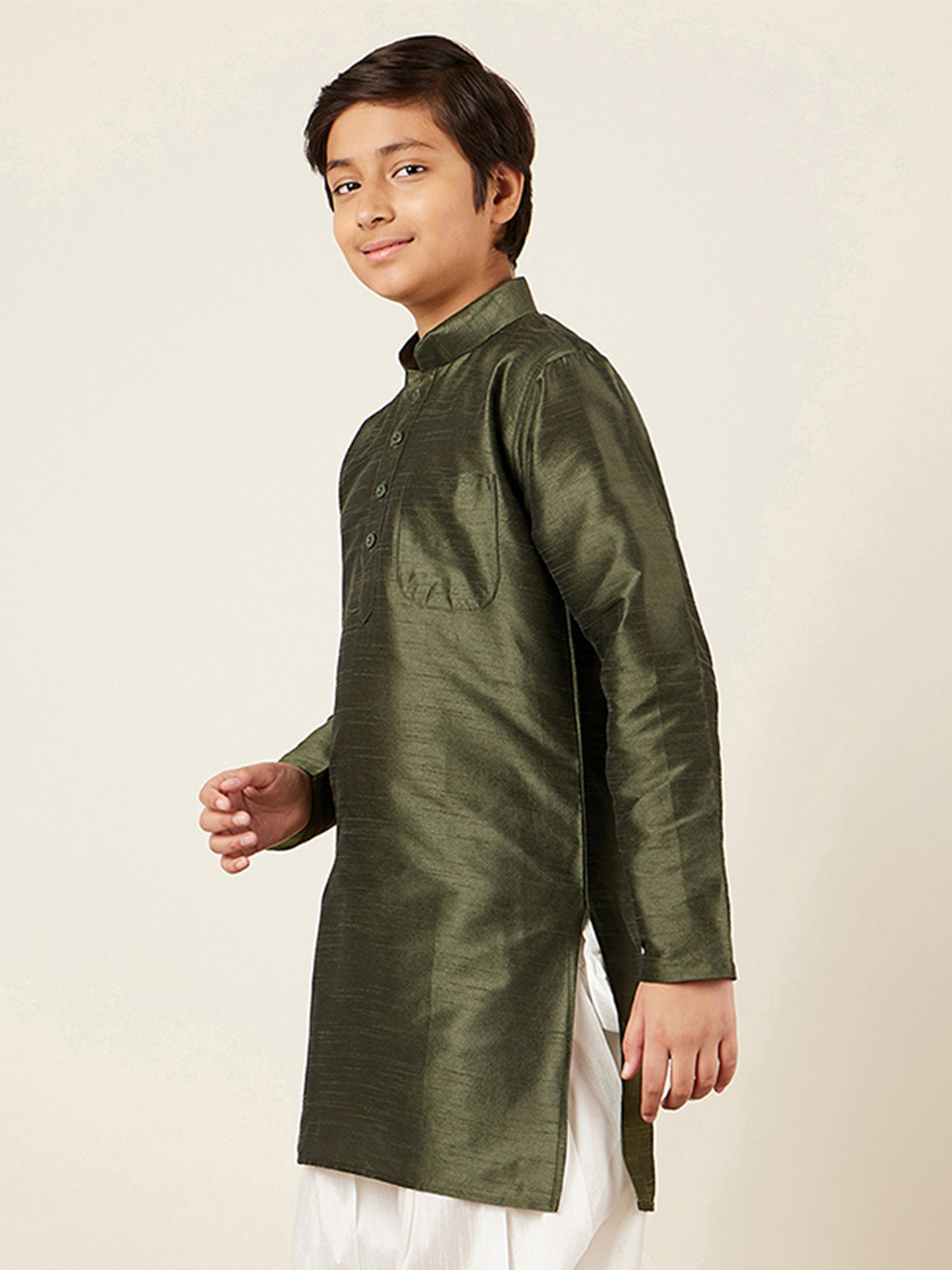 Kids Boys Green Solid Silk Blend Kurta